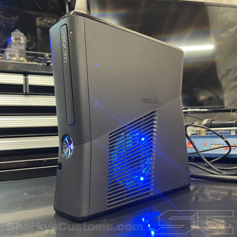 Custom Black Xbox 360 Slim RGH3 250GB Blue LED's 15 Mod Menus - Sharky's Customs LLC