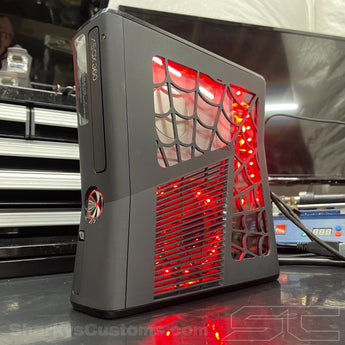 Custom Black Xbox 360 Slim RGH3 500GB w/ Spiderweb Cut Out - Sharky's Customs LLC