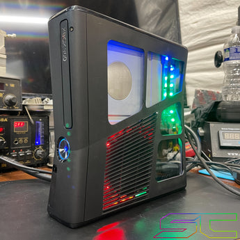 Custom Black Xbox 360 Slim RGH3 5 Window Cut Out with Remote Addressable LED's - Sharky's Customs LLC