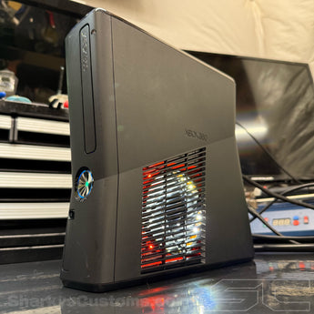 Custom Black Xbox 360 Slim RGH3 500GB Orange/White LED's 15 Mod Menus - Sharky's Customs LLC
