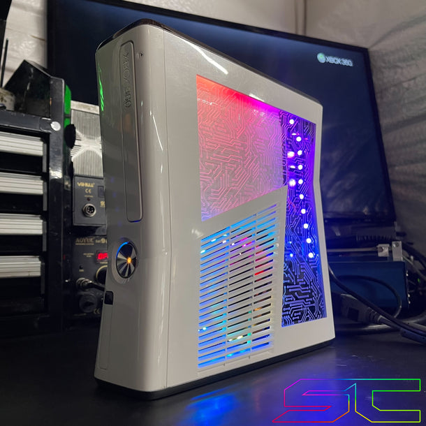 Custom White Glossy Xbox 360 Slim RGH3 Full Window Cut Out W/Circuit T ...