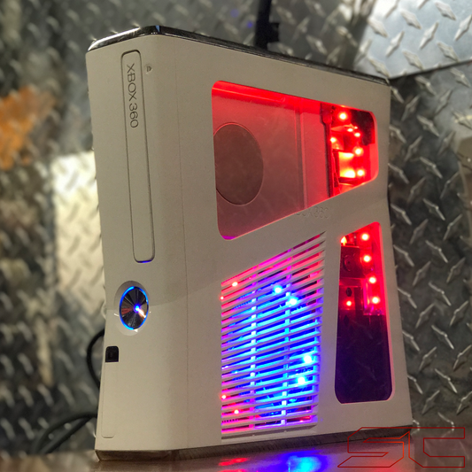 Custom White Xbox 360 Slim RGH2 w/250GB HDD & Cut Out Red & Blue LED's. Ready to Ship! - Sharky's Customs LLC