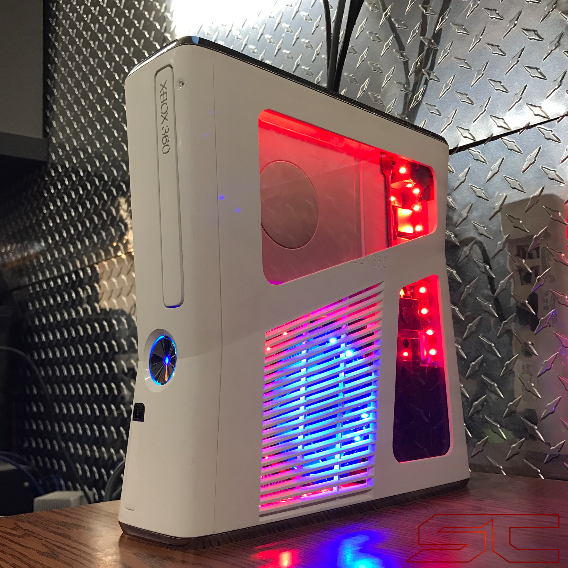 Custom White Xbox 360 Slim RGH2 w/250GB HDD & Cut Out Red & Blue LED's. Ready to Ship! - Sharky's Customs LLC