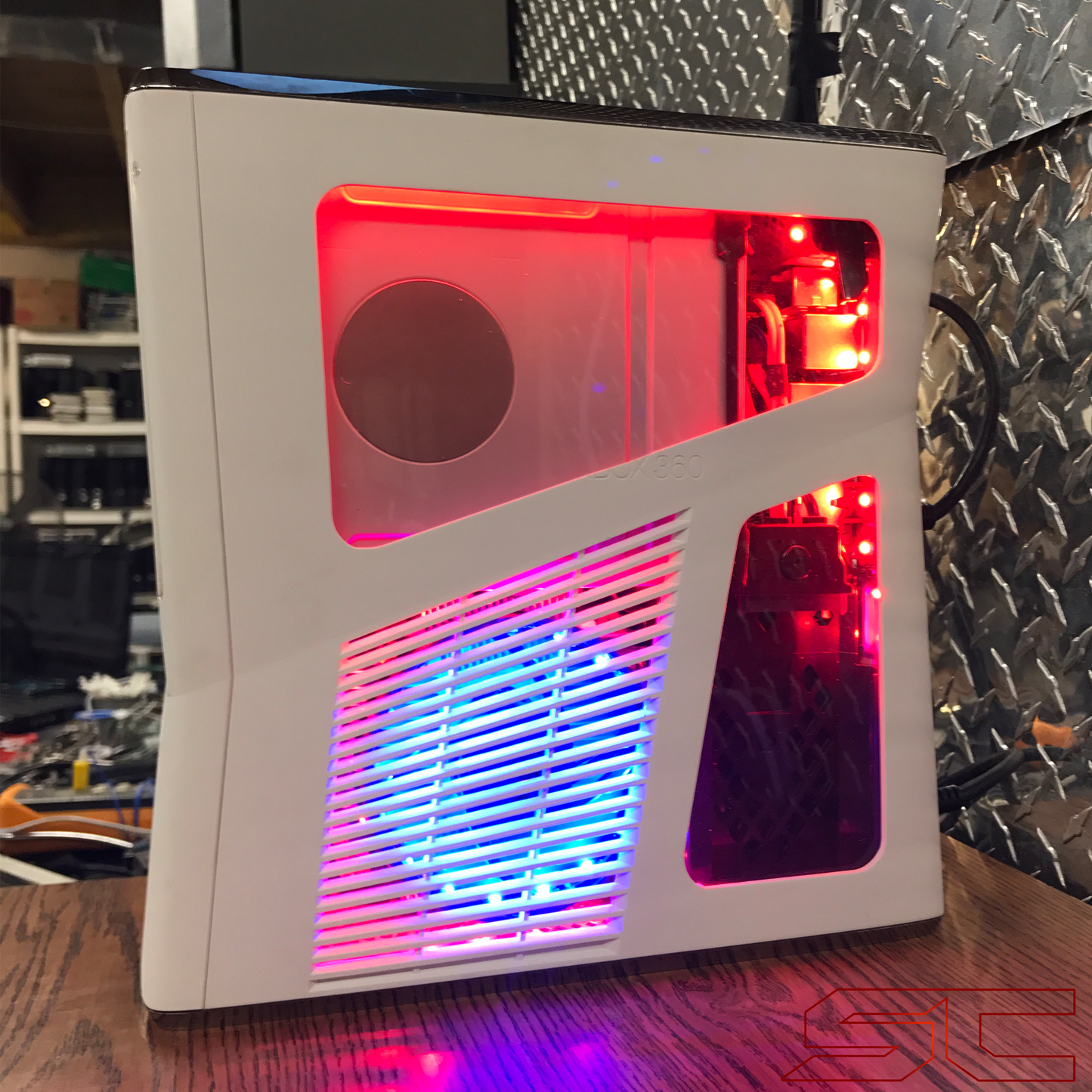 Custom White Xbox 360 Slim RGH2 w/250GB HDD & Cut Out Red & Blue LED's. Ready to Ship! - Sharky's Customs LLC