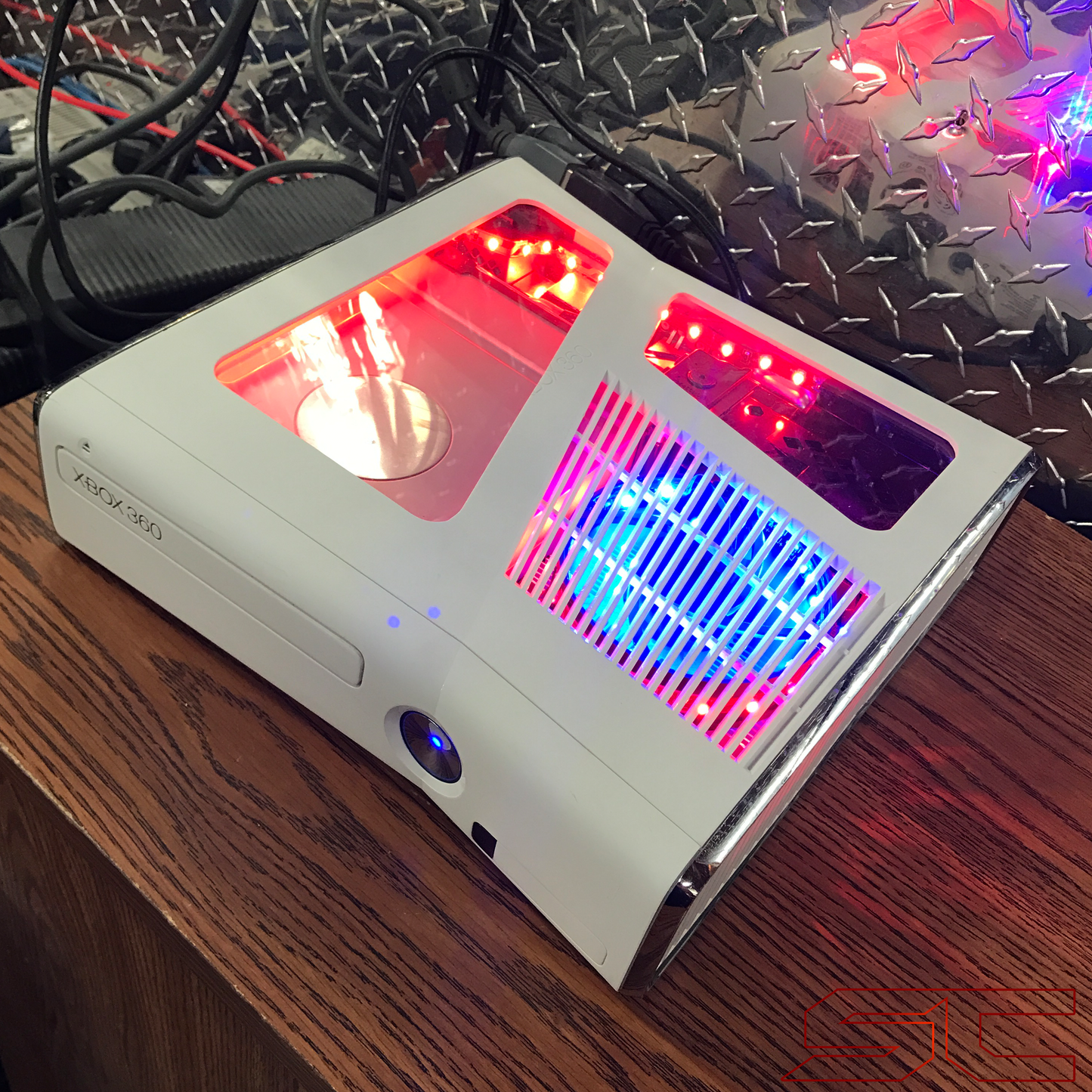 Custom White Xbox 360 Slim RGH2 w/250GB HDD & Cut Out Red & Blue LED's. Ready to Ship! - Sharky's Customs LLC