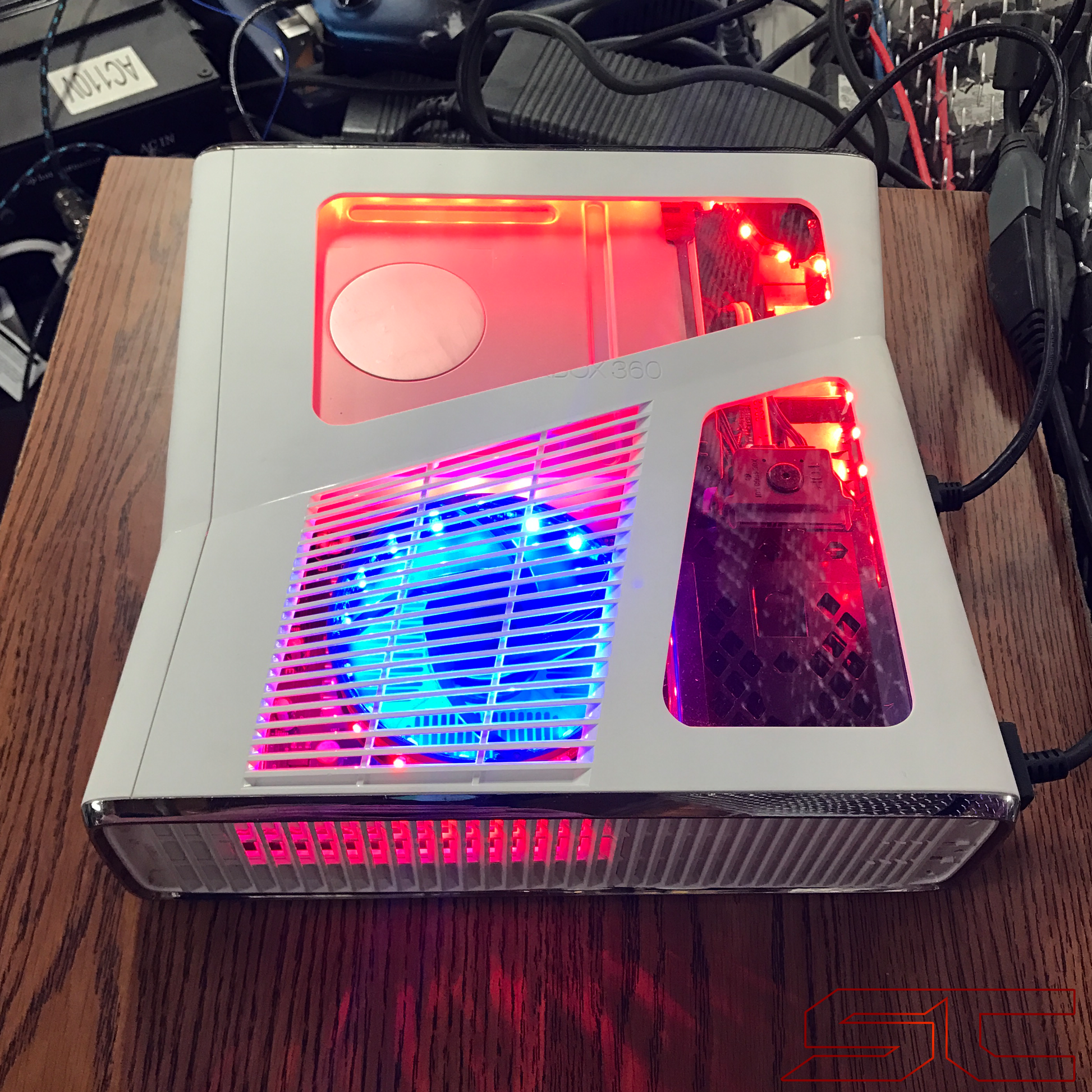 Custom White Xbox 360 Slim RGH2 w/250GB HDD & Cut Out Red & Blue LED's. Ready to Ship! - Sharky's Customs LLC