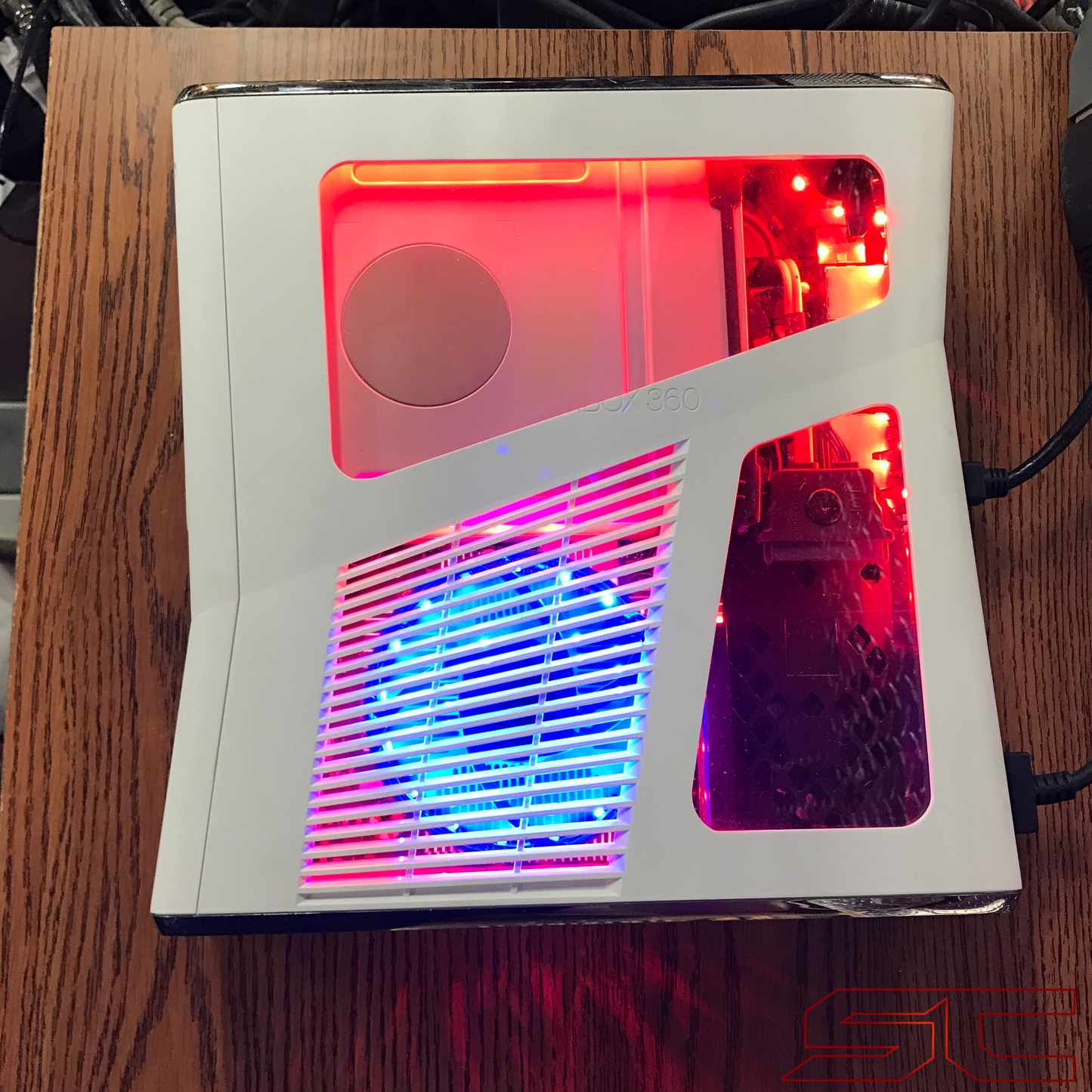 Custom White Xbox 360 Slim RGH2 w/250GB HDD & Cut Out Red & Blue LED's. Ready to Ship! - Sharky's Customs LLC