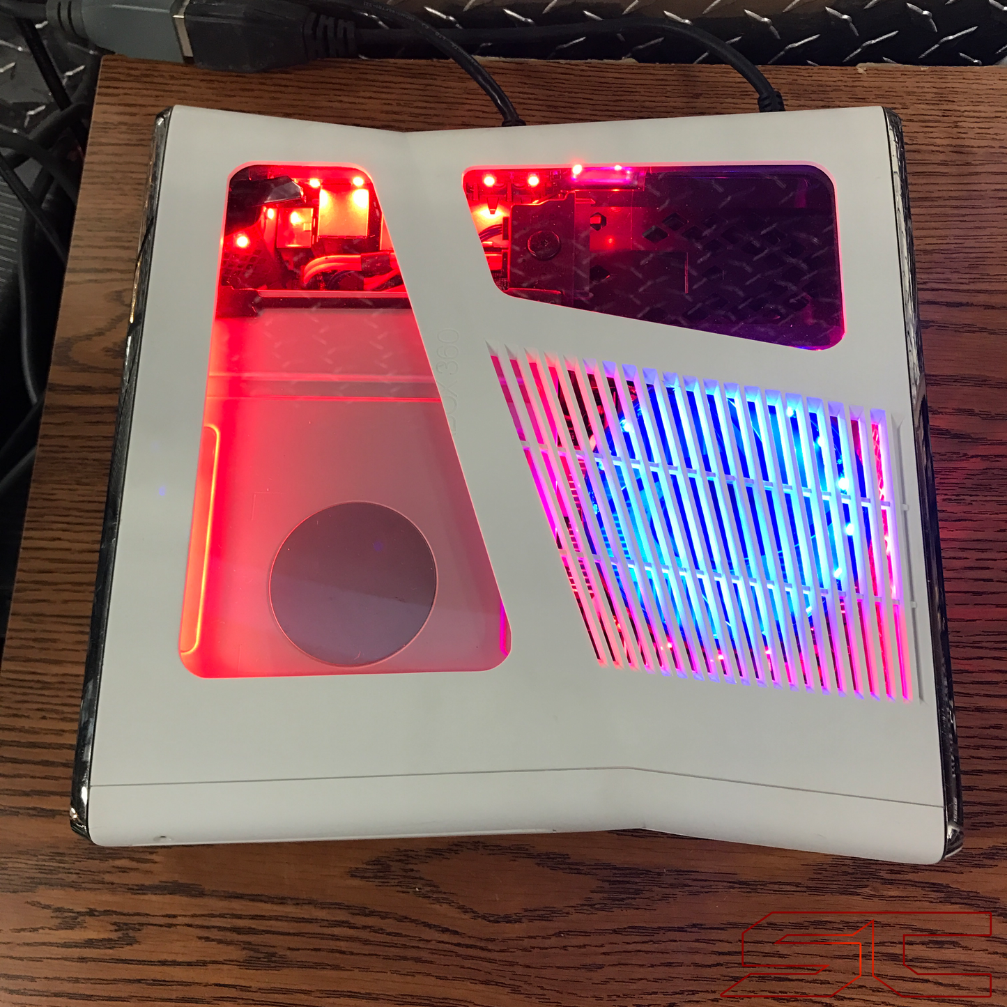 Custom White Xbox 360 Slim RGH2 w/250GB HDD & Cut Out Red & Blue LED's. Ready to Ship! - Sharky's Customs LLC