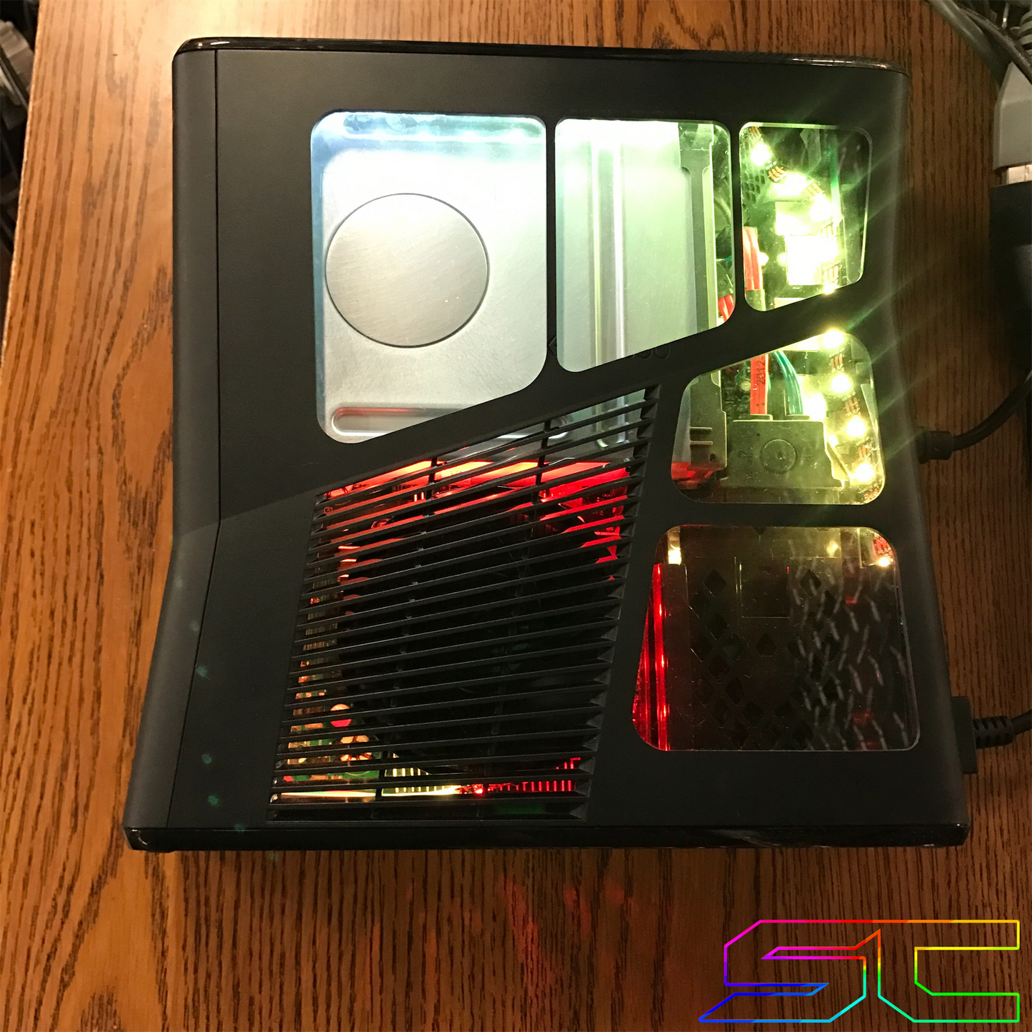 Custom Black Xbox 360 Slim RGH2 5 Window Cut Out with Remote Addressable LED's - Sharky's Customs LLC