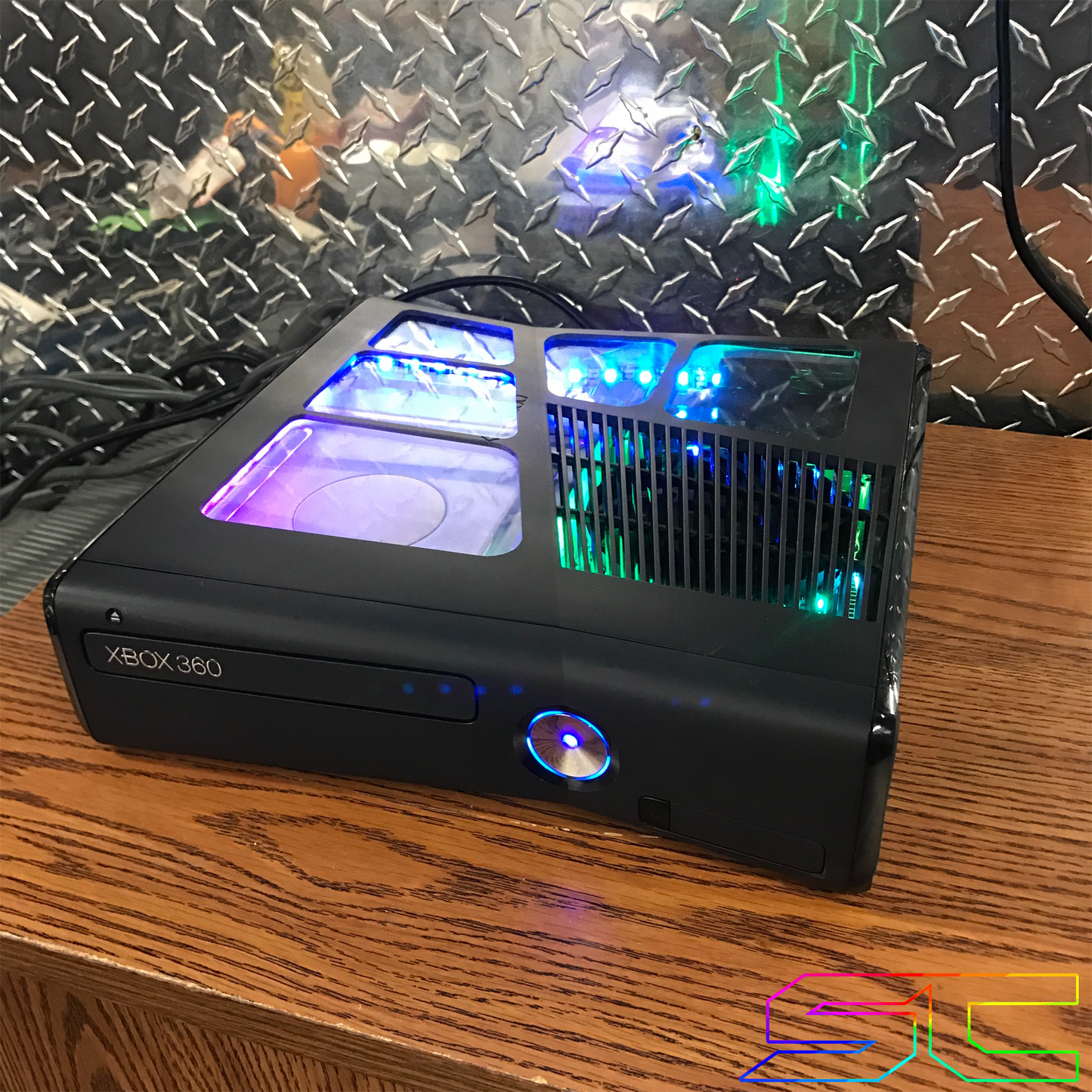 Custom Black Xbox 360 Slim RGH2 5 Window Cut Out with Remote Addressable LED's - Sharky's Customs LLC