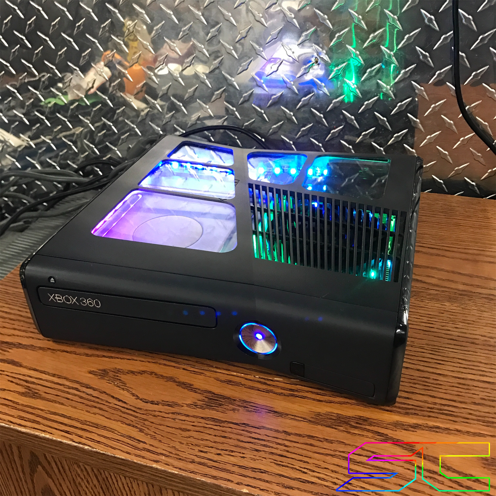 Custom Black Xbox 360 Slim RGH2 5 Window Cut Out with Remote Addressable LED's - Sharky's Customs LLC