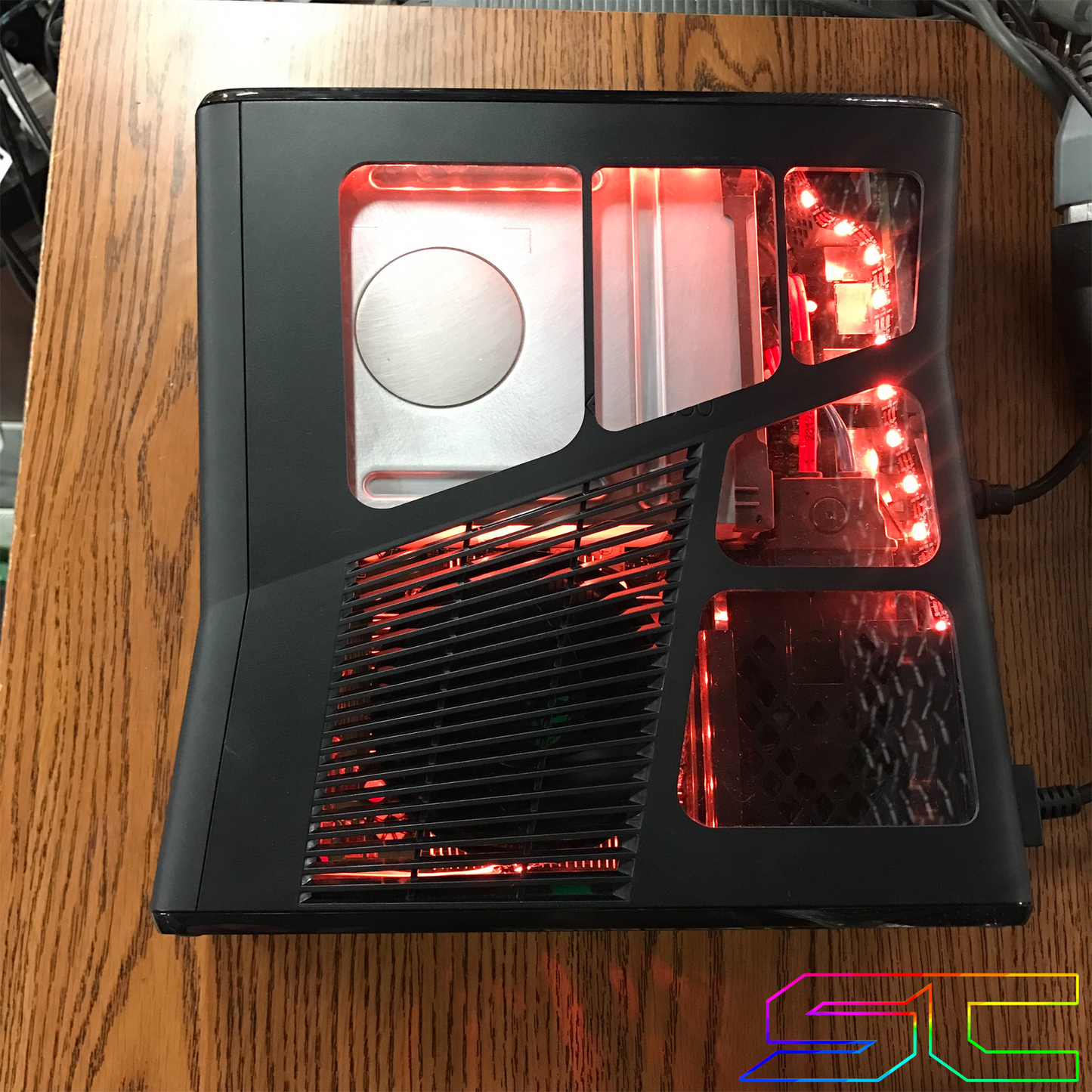 Custom Black Xbox 360 Slim RGH2 5 Window Cut Out with Remote Addressable LED's - Sharky's Customs LLC