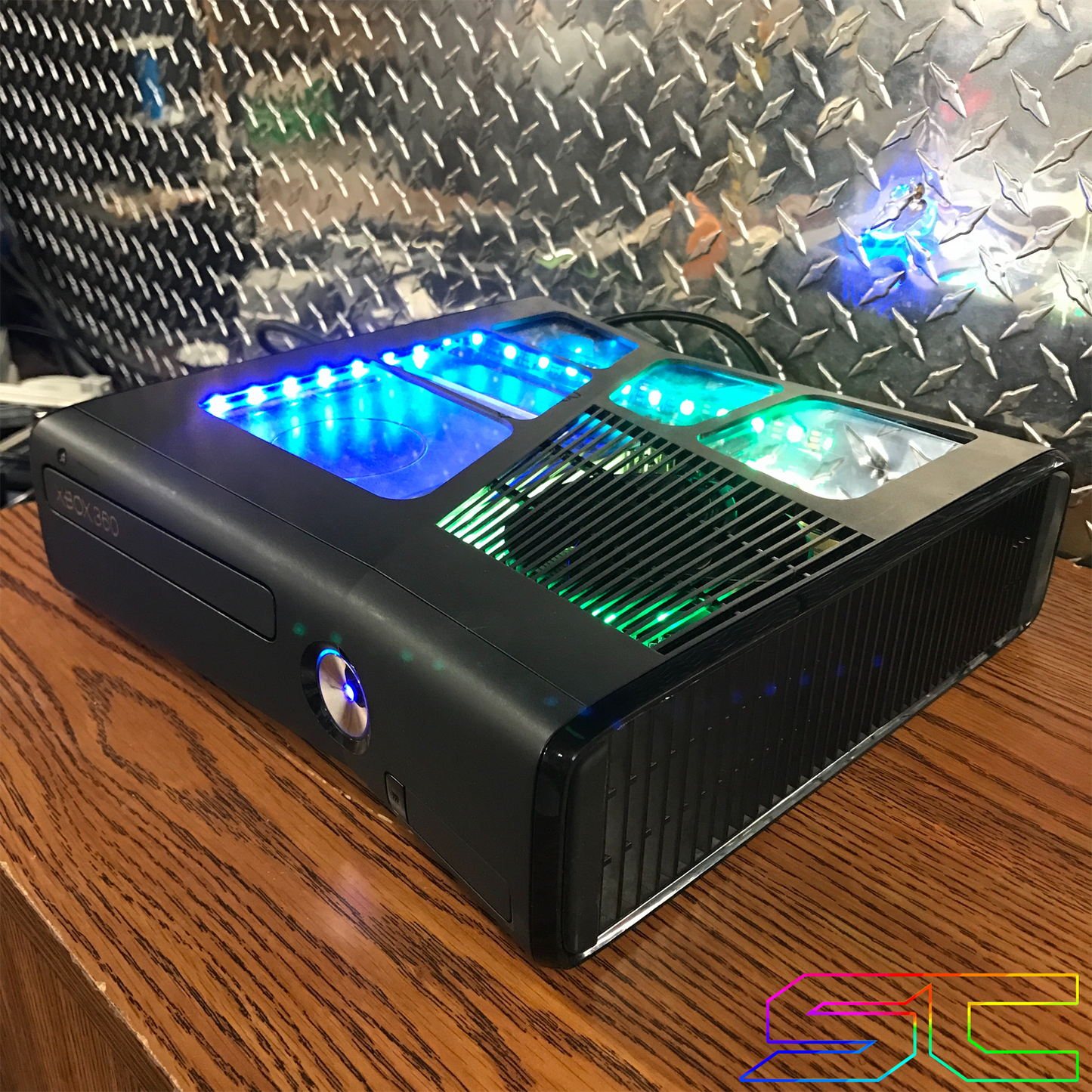 Custom Black Xbox 360 Slim RGH2 5 Window Cut Out with Remote Addressable LED's - Sharky's Customs LLC