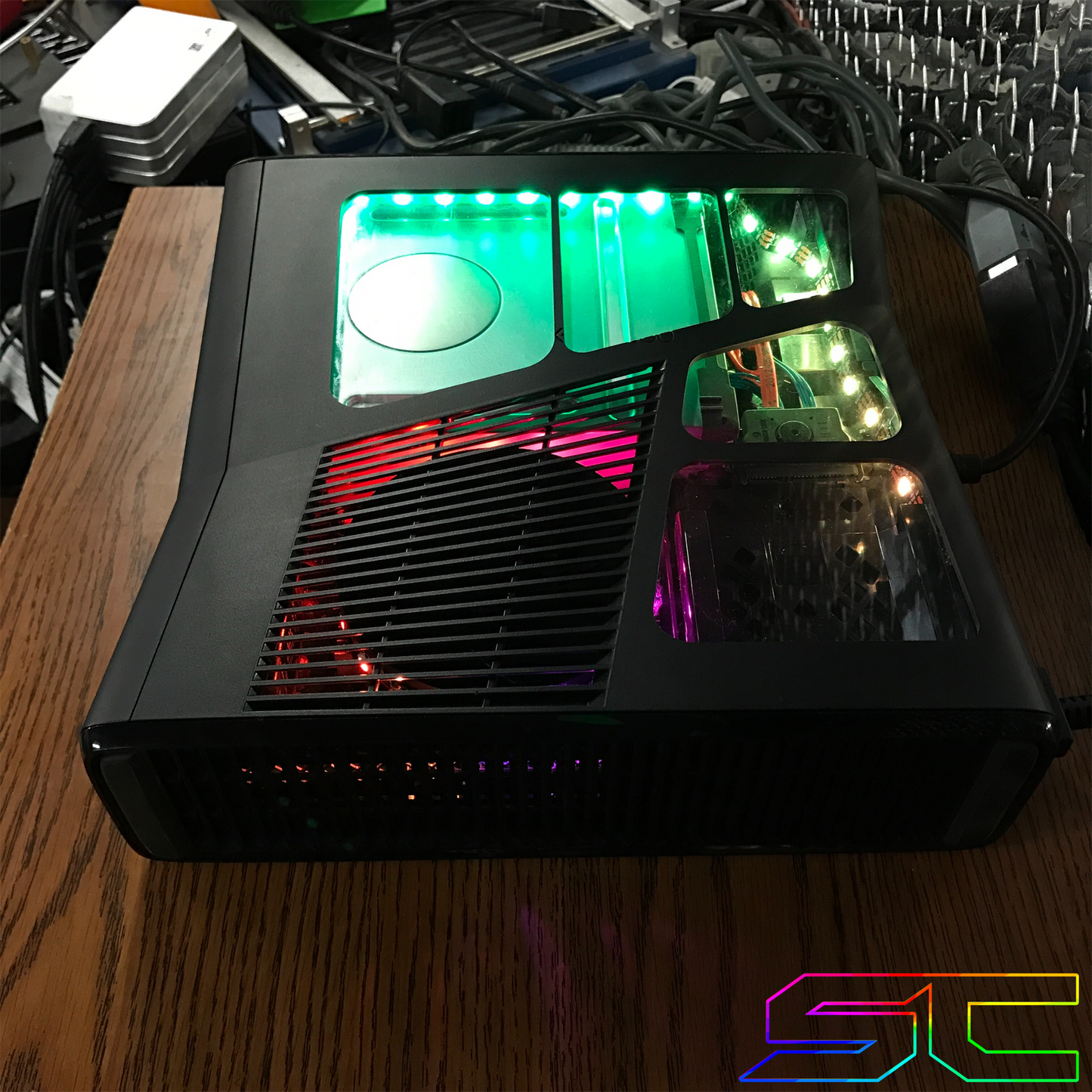 Custom Black Xbox 360 Slim RGH2 5 Window Cut Out with Remote Addressable LED's - Sharky's Customs LLC