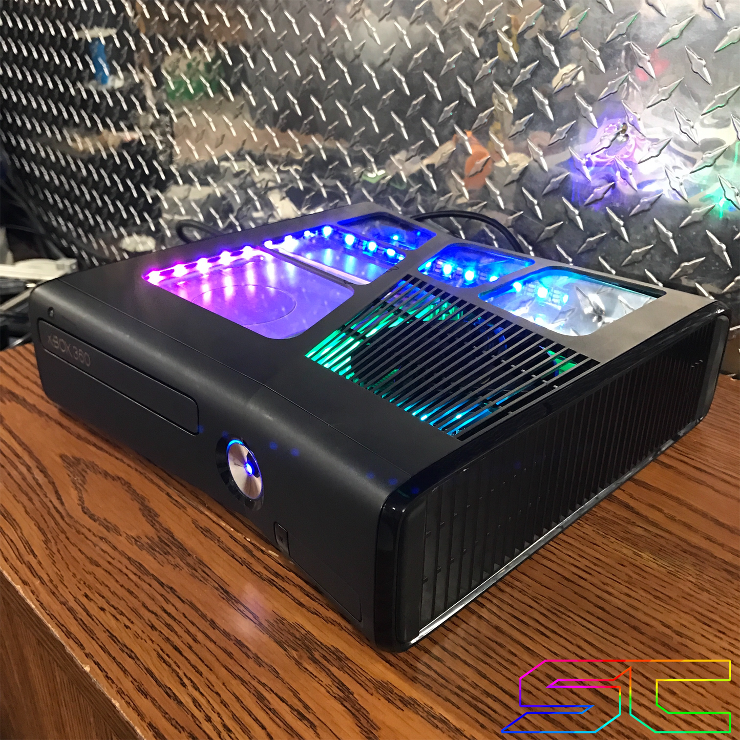 Custom Black Xbox 360 Slim RGH2 5 Window Cut Out with Remote Addressable LED's - Sharky's Customs LLC