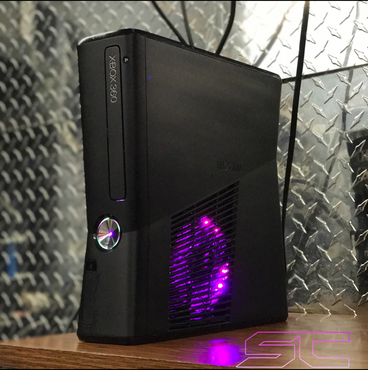 Custom Black Xbox 360 Slim RGH2 w/160GB HDD, Pink/Purple & White LED's - Sharky's Customs LLC