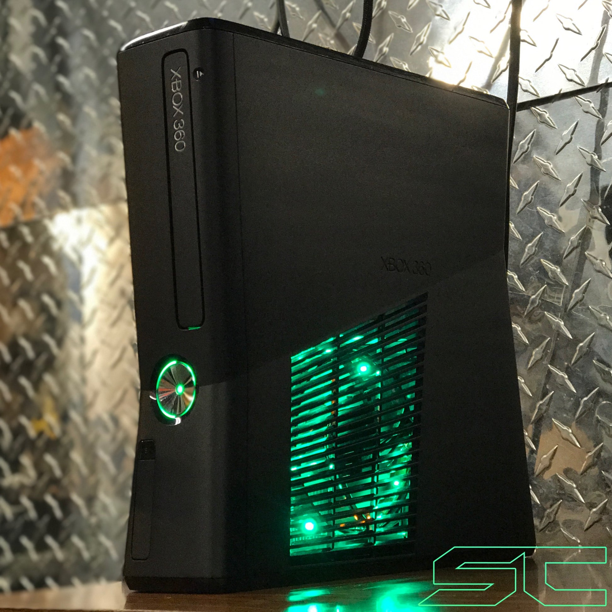 Custom Black Xbox 360 Slim RGH2 250GB Preloaded w/Green LED's | Ready to Ship - Sharky's Customs LLC