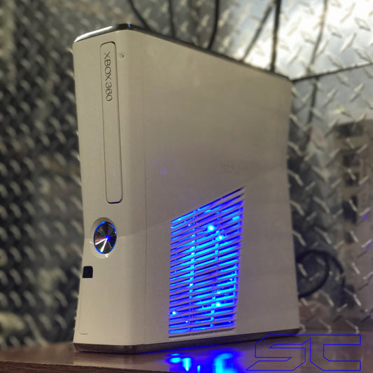 Custom White Xbox 360 Slim Corona RGH2 Blue Fan & ROL LED's - Sharky's Customs LLC