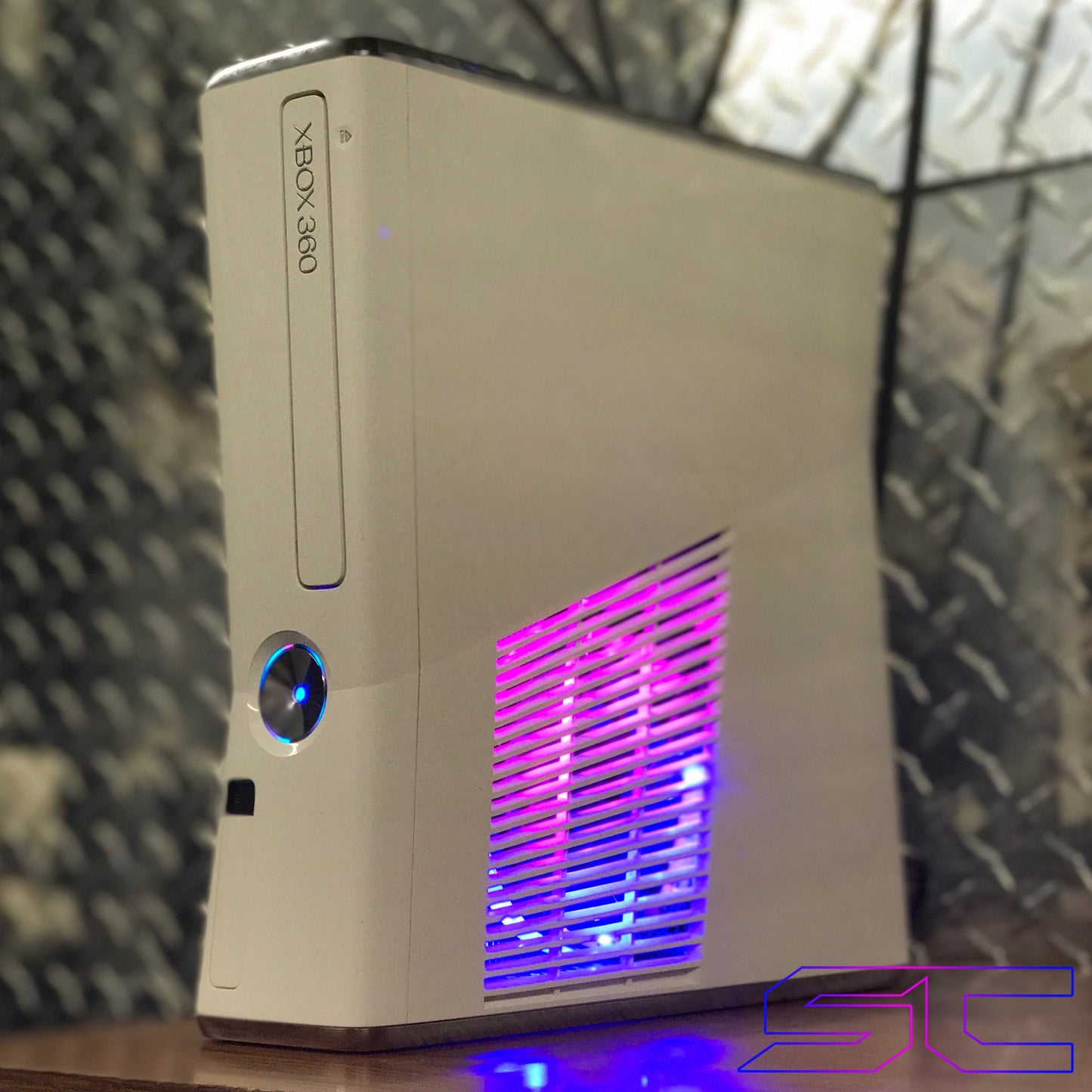 Custom White Xbox 360 Slim Corona RGH2 Pink/Purple & Blue LED's - Sharky's Customs LLC