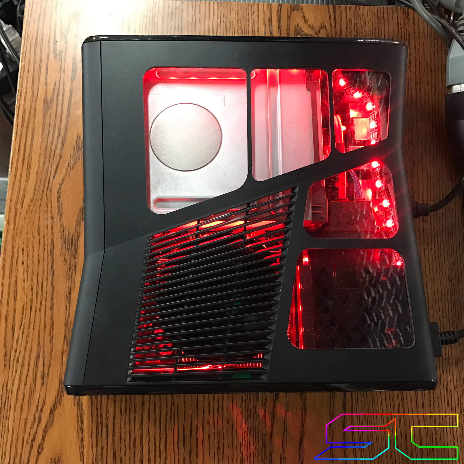 Custom Black Xbox 360 Slim RGH2 5 Window Cut Out with Remote Addressable LED's - Sharky's Customs LLC