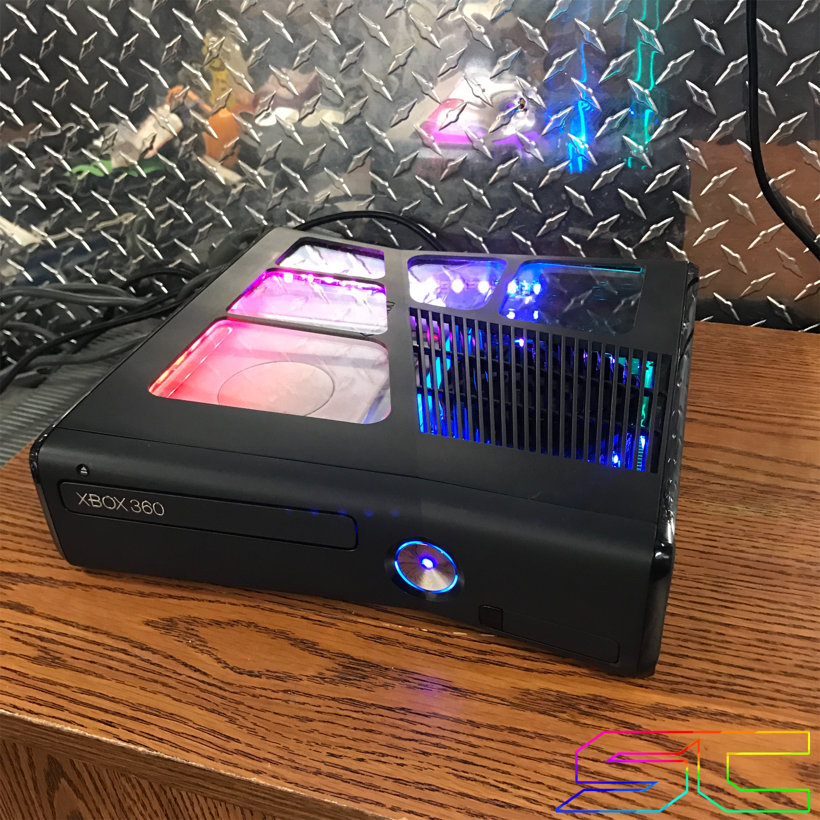 Custom Black Xbox 360 Slim RGH2 5 Window Cut Out with Remote Addressable LED's - Sharky's Customs LLC