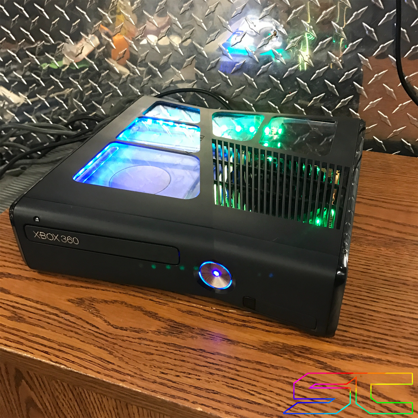 Custom Black Xbox 360 Slim RGH2 5 Window Cut Out with Remote Addressable LED's - Sharky's Customs LLC