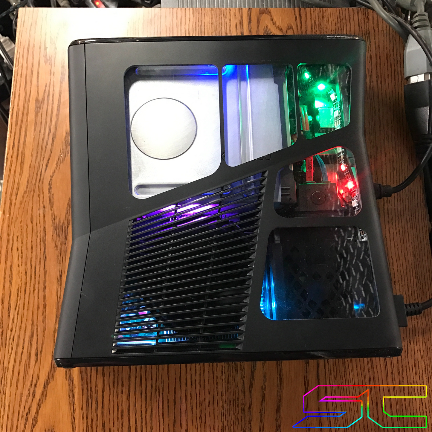 Custom Black Xbox 360 Slim RGH2 5 Window Cut Out with Remote Addressable LED's - Sharky's Customs LLC