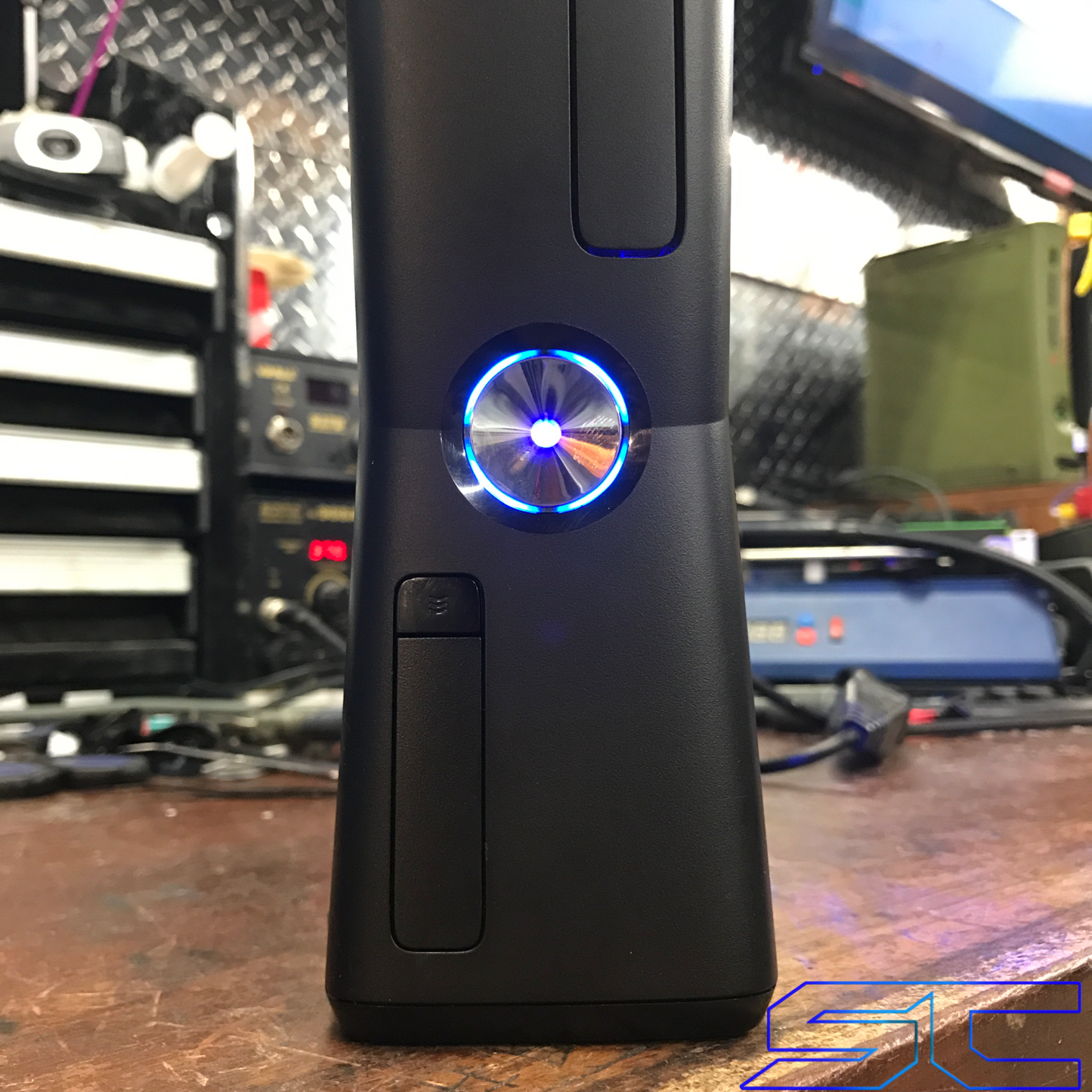 Custom Black Xbox 360 Slim RGH2 250GB Blue LED's 15 Mod Menus - Sharky's Customs LLC