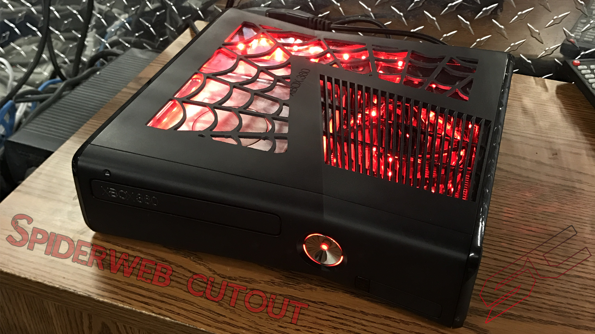 Custom Black Xbox 360 Slim RGH2 w/ Spiderweb Cut Out - Sharky's Customs LLC